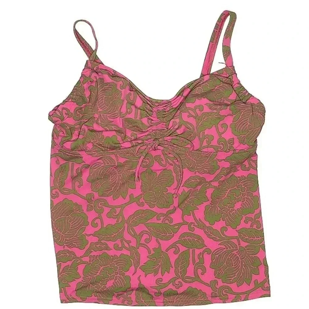 Lands’ End Pink & Green Tropical Floral Print Tankini Swimsuit Top Size 8